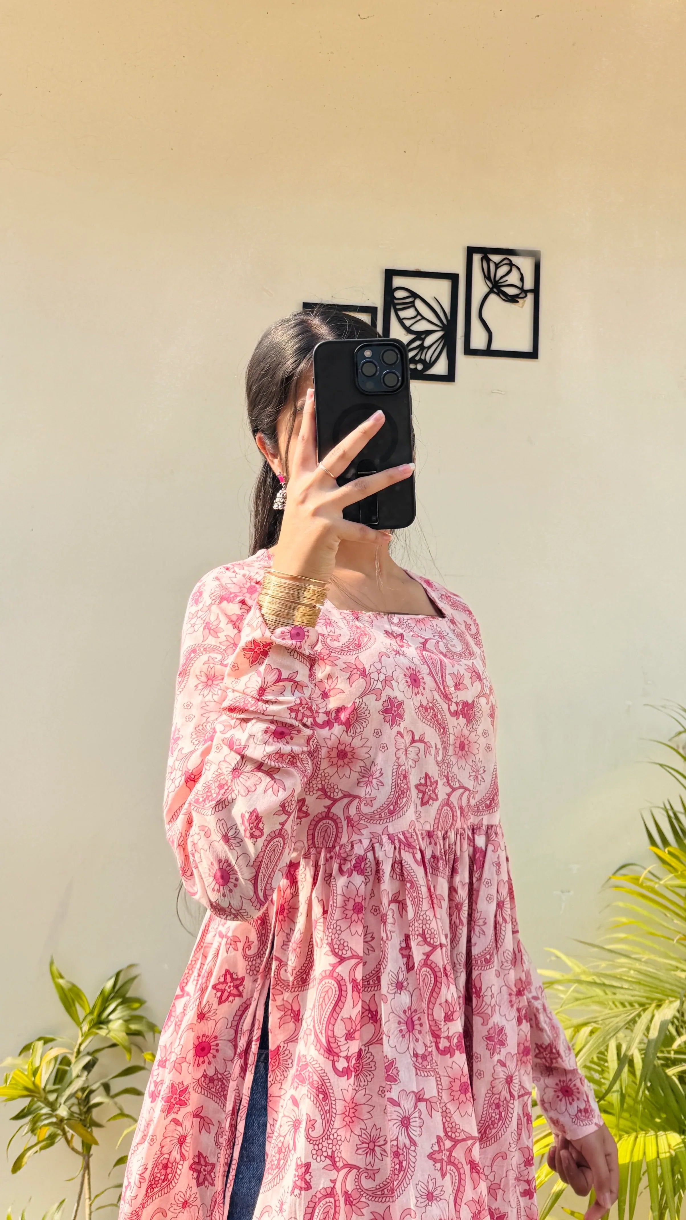 Cotton Full Sleeve Peach Colour Nyra Cut Long Kurti - Dolled Up