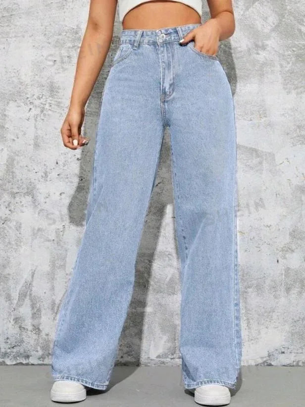 High Waisted Ice Blue Wide Leg Denim Jeans - Dolled Up