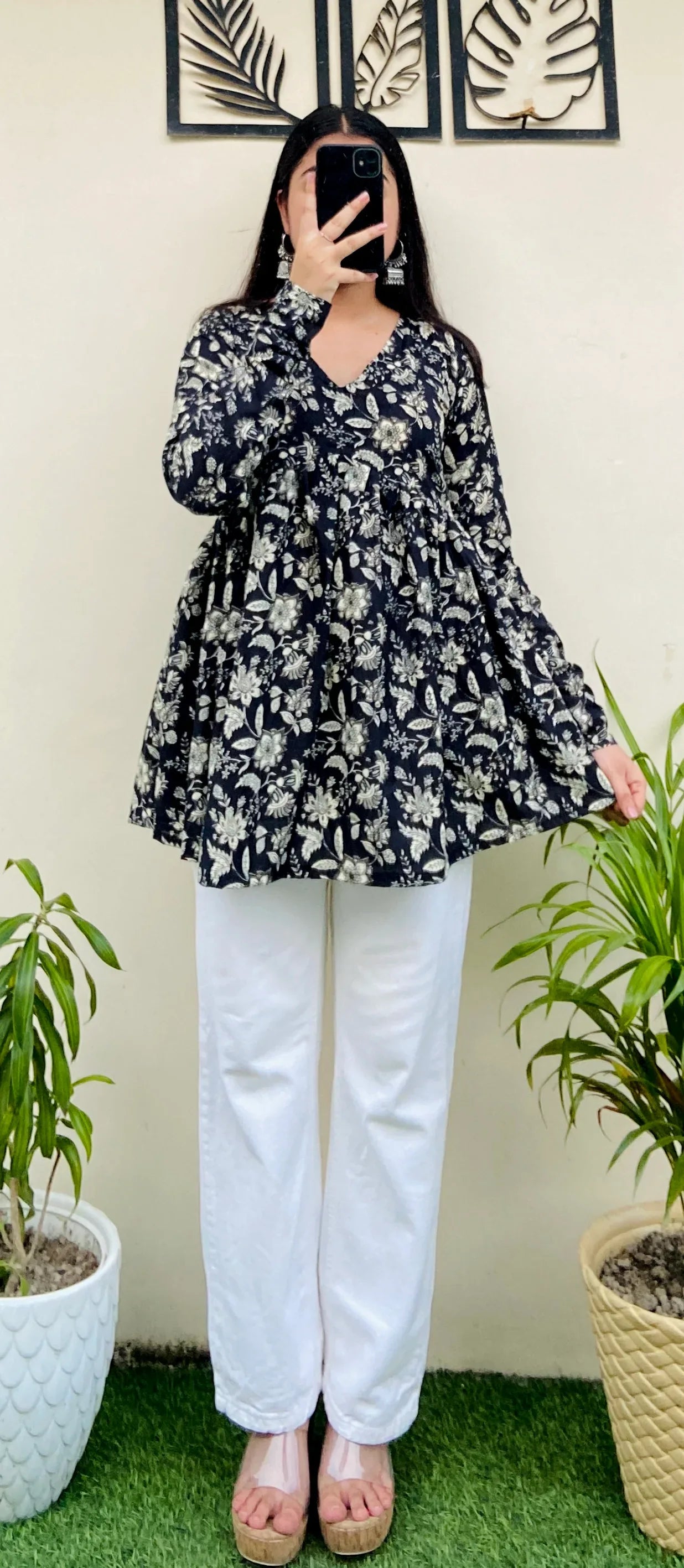 Cotton Flared Black Floral Print Aliacut Peplum Top - Dolled Up