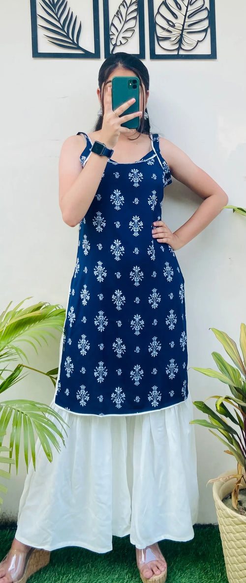 Beautiful Rayon Printed Straight Kurta Sharara Set - Dolled Up