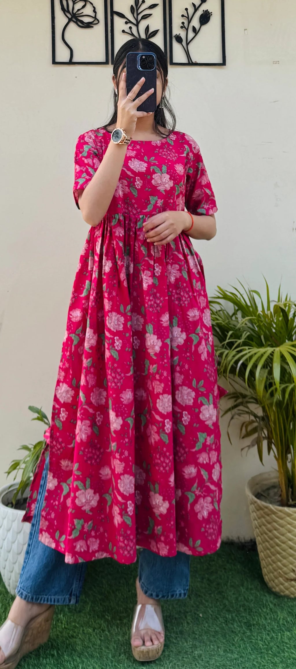 Cotton Printed Hotpink Nyra Cut Long Kurti - Dolled Up