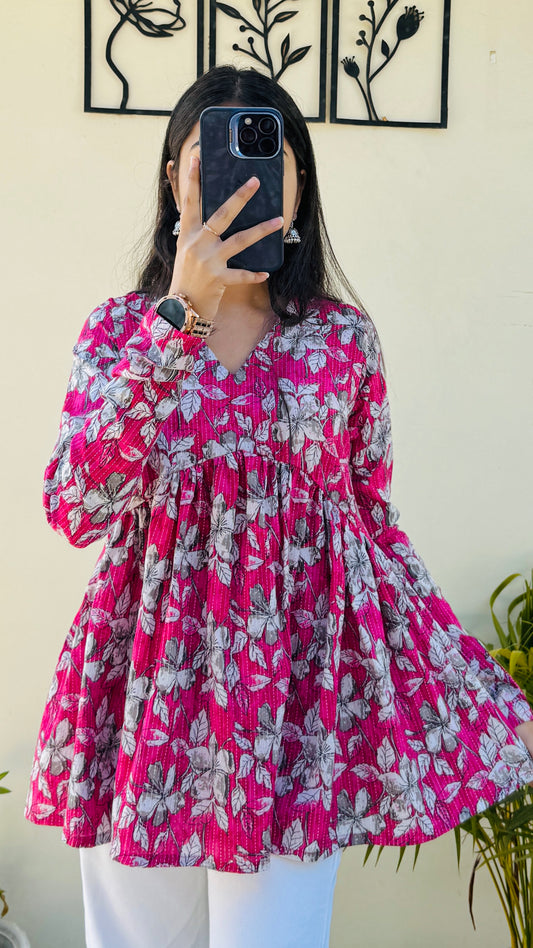 Cotton Flared Pink Katha Floral Print Aliacut Peplum Top