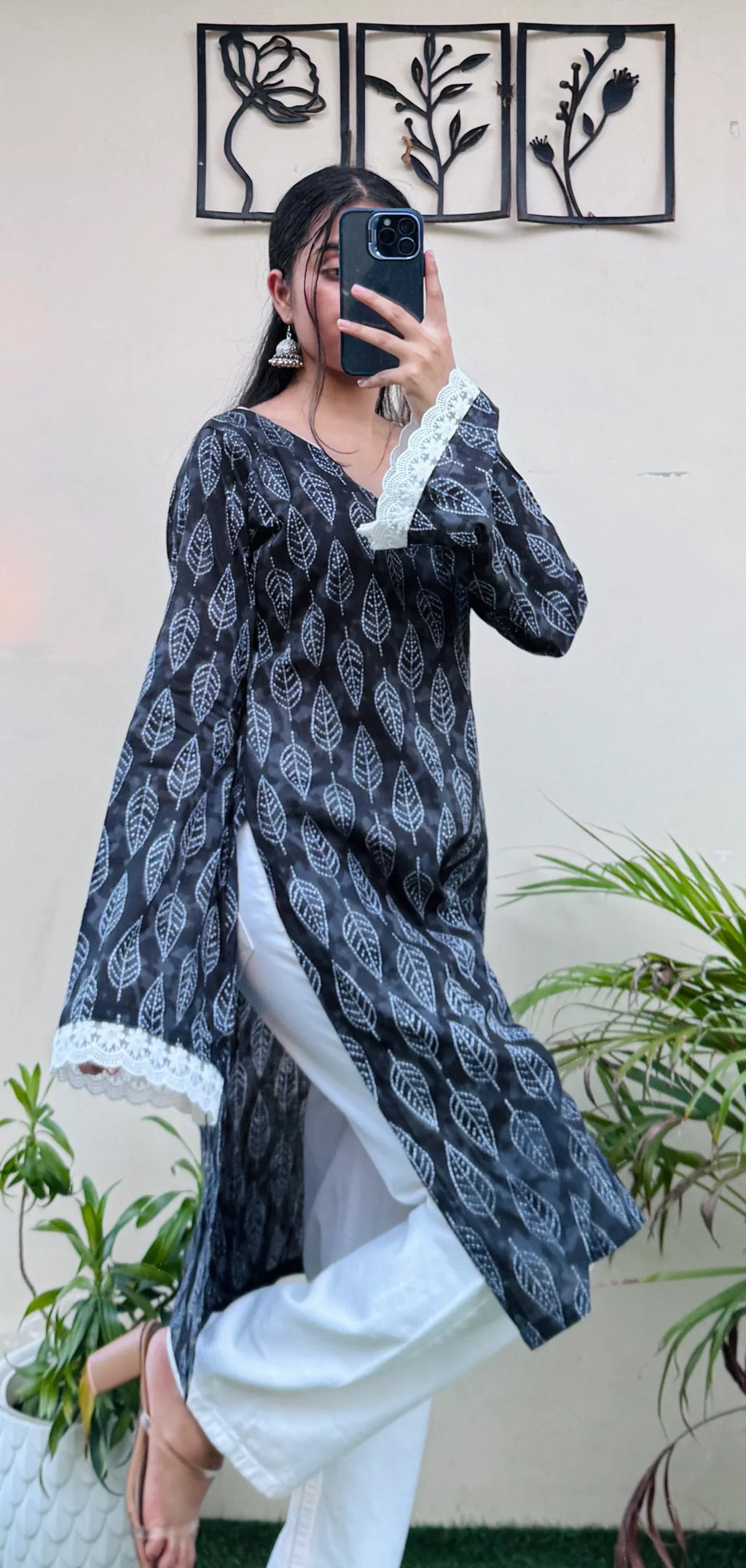 Cotton V-neck Lace Work Bellsleeves Long Kurti - Dolled Up
