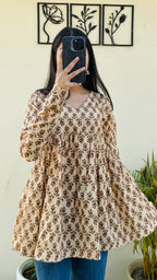 Katha Cotton Beige Flared Printed Aliacut Peplum Top - Dolled Up