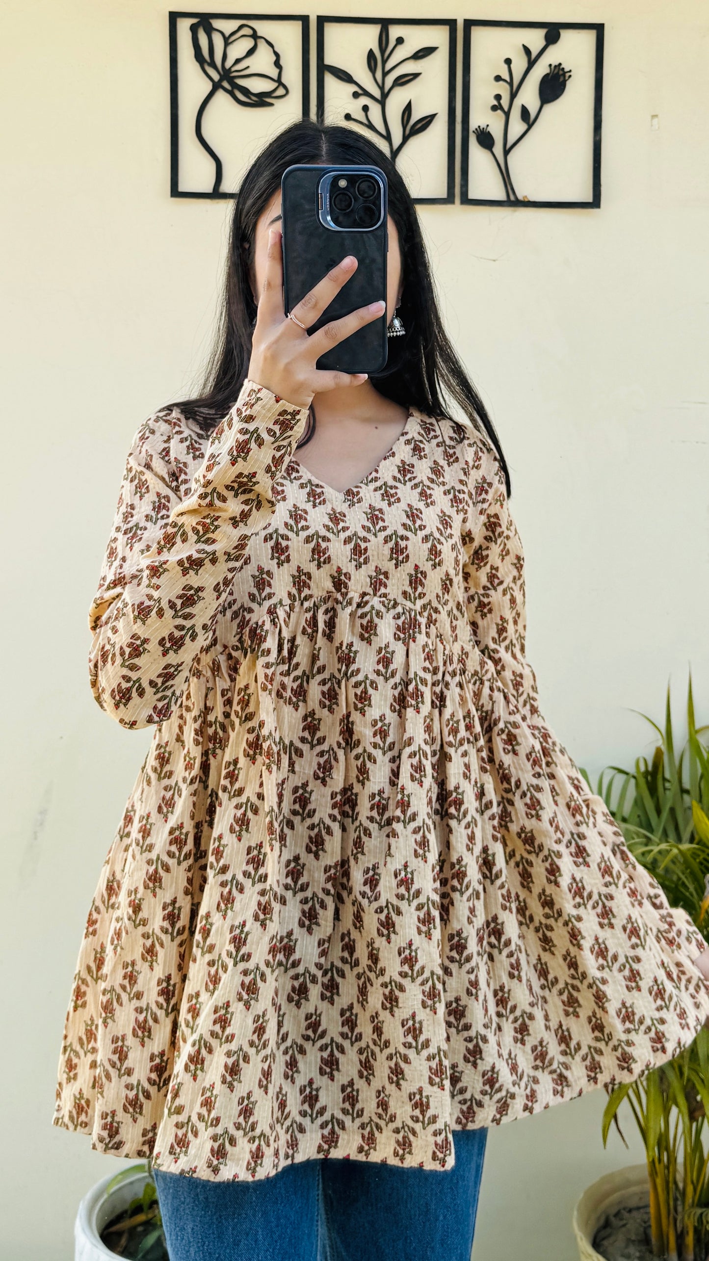 Katha Cotton Beige Flared Printed Aliacut Peplum Top