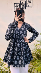Cotton Black Flared Printed Aliacut Peplum Top - Dolled Up