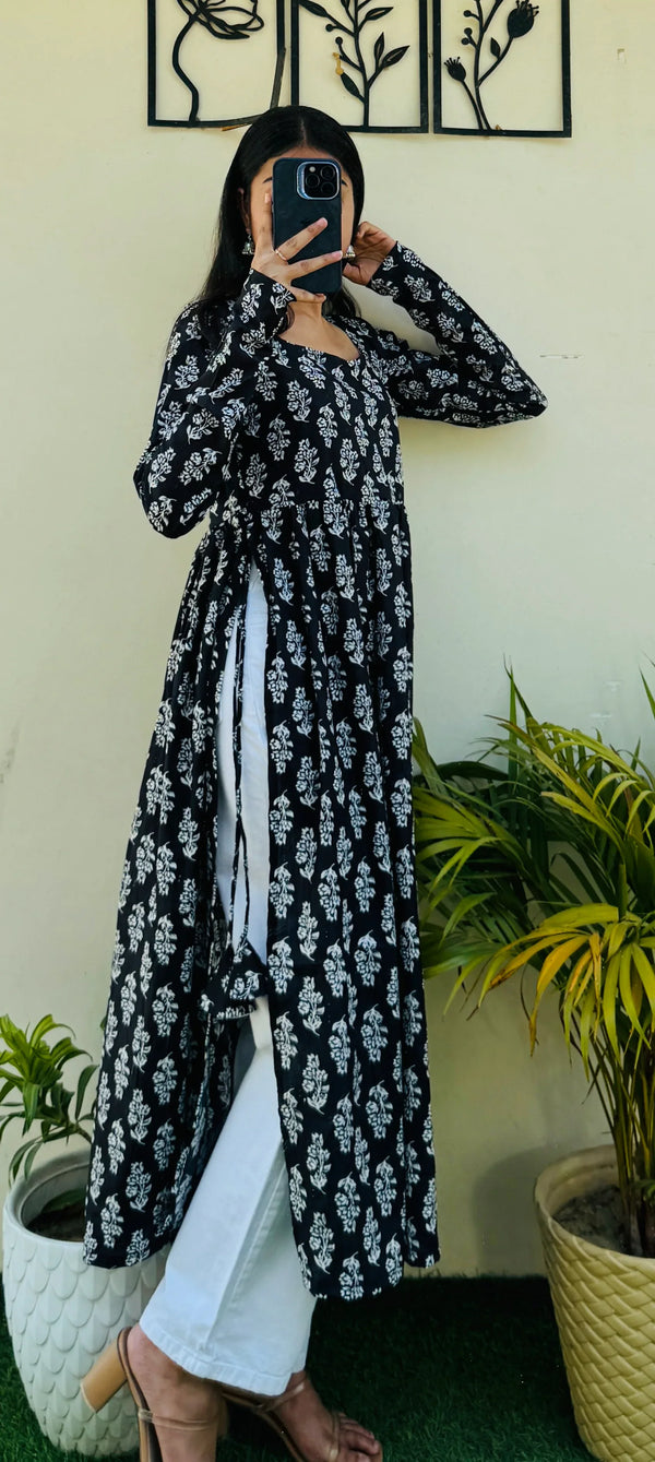 Cotton Full Sleeve Black Nyra Cut Long Kurti - Dolled Up