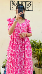 Cotton Katha Pink Puff Sleeves Nyra Cut Long Kurti - Dolled Up