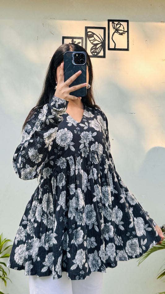 Cotton Katha Flared Printed Aliacut Peplum Top