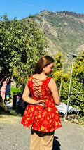 Cotton Flared Red Back Less Neck Design Short Kurti - Dolled Up