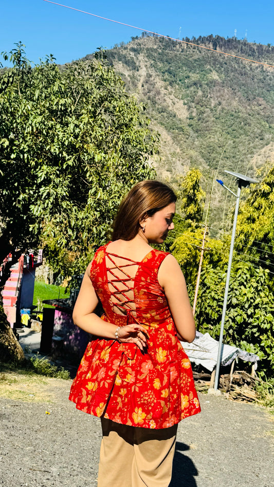 Cotton Flared Red Back Less Neck Design Short Kurti