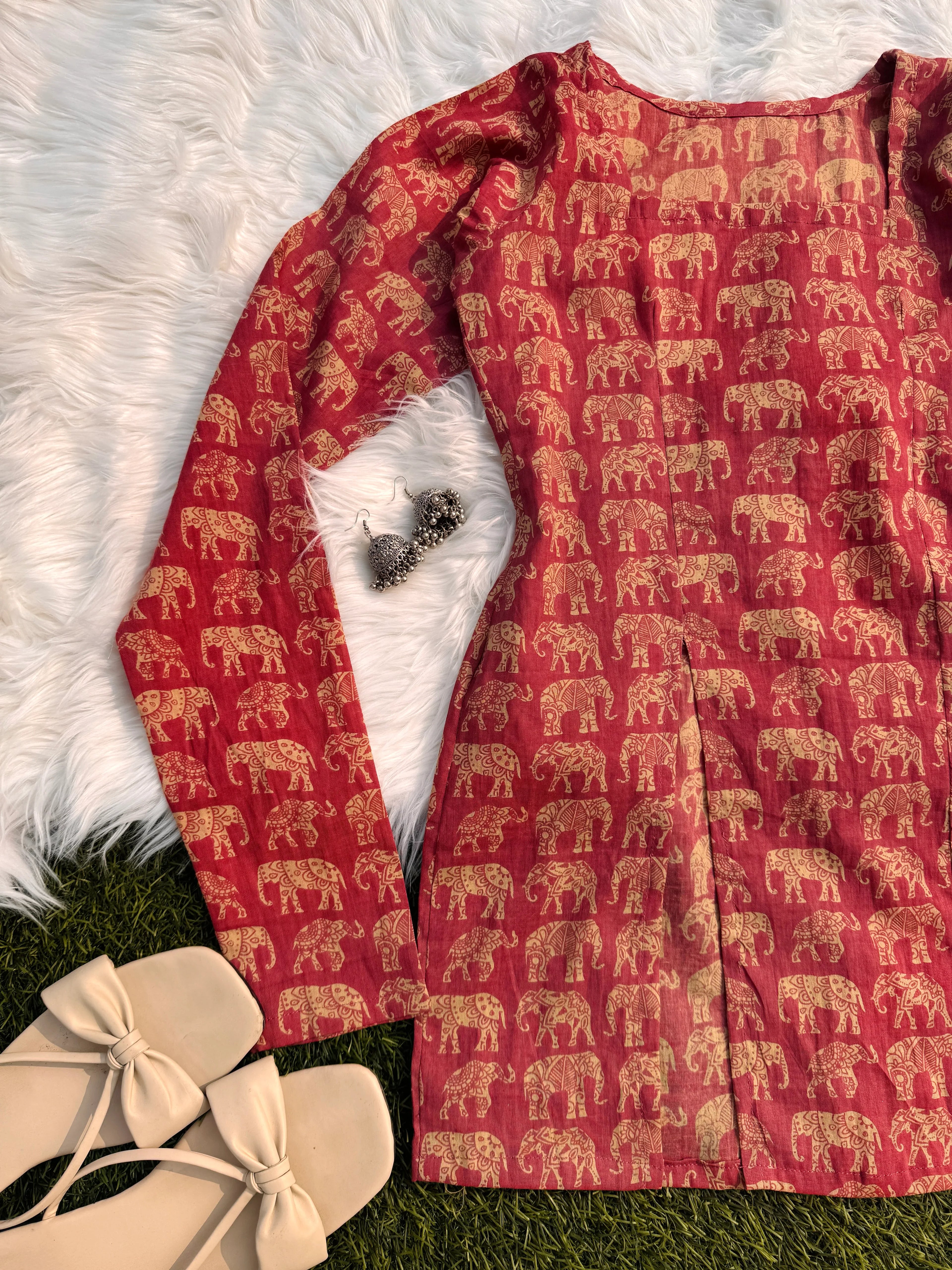 Beautiful Elephant Print Front Slitcut Short Kurti - Dolled Up