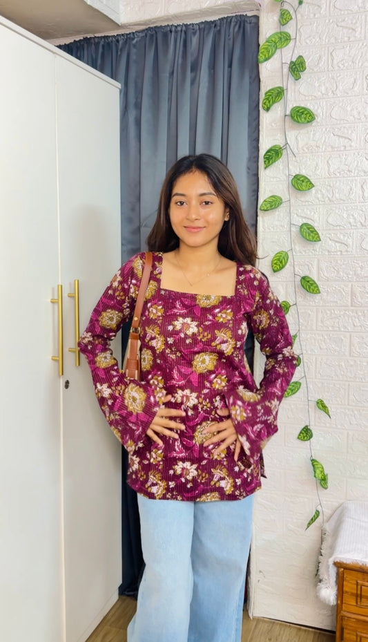 Cotton Katha Bell Sleeves Short Kurtii