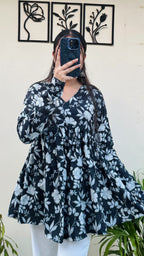 Cotton Flared Black Aliacut Floral Print Peplum Top - Dolled Up
