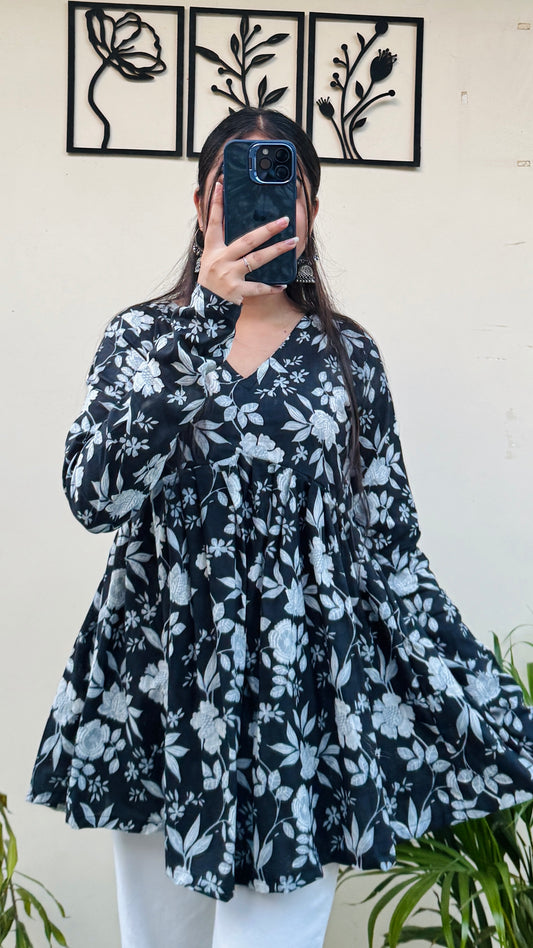 Cotton Flared Black Aliacut Floral Print Peplum Top