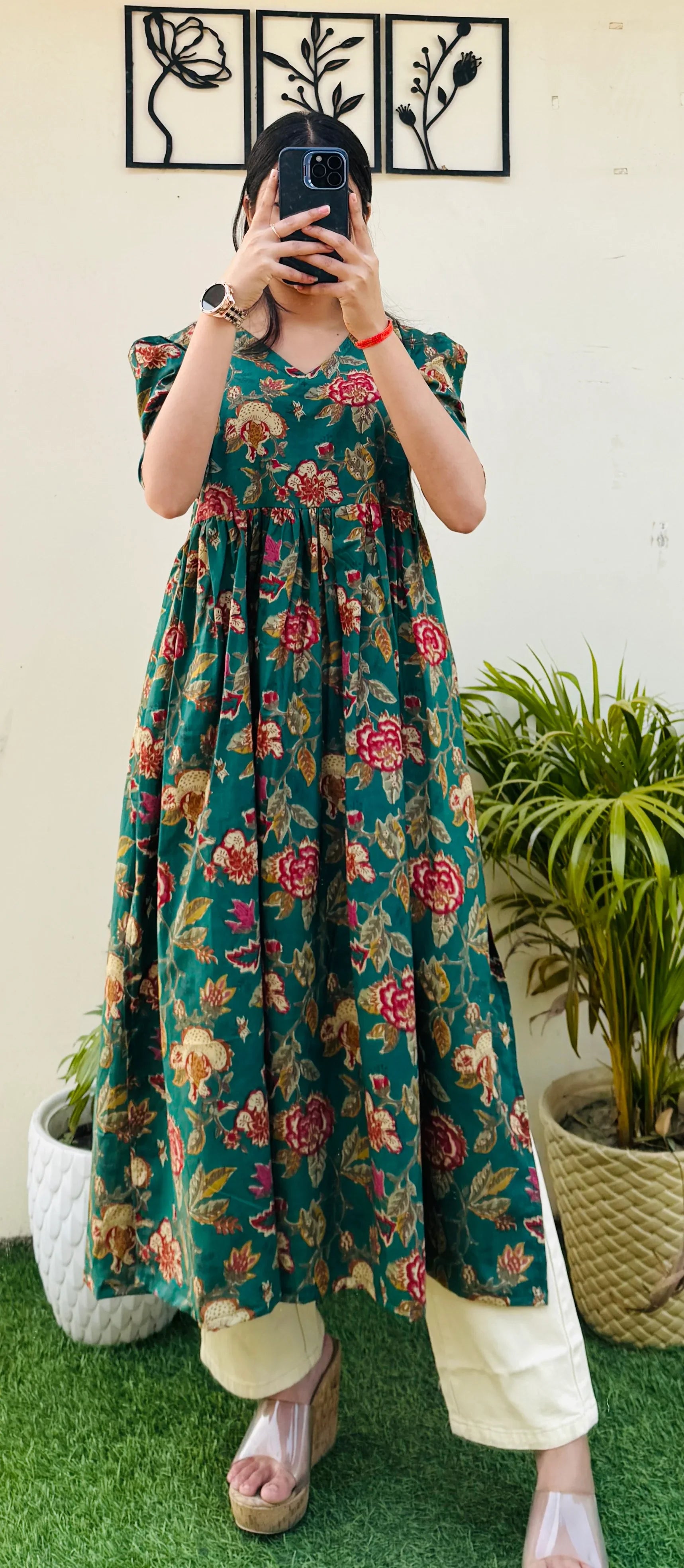 Cotton Printed Green Puff Sleeves Nyra Cut Long Kurti - Dolled Up