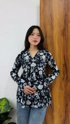 Cotton Flared Black Aliacut Floral Print Peplum Top - Dolled Up