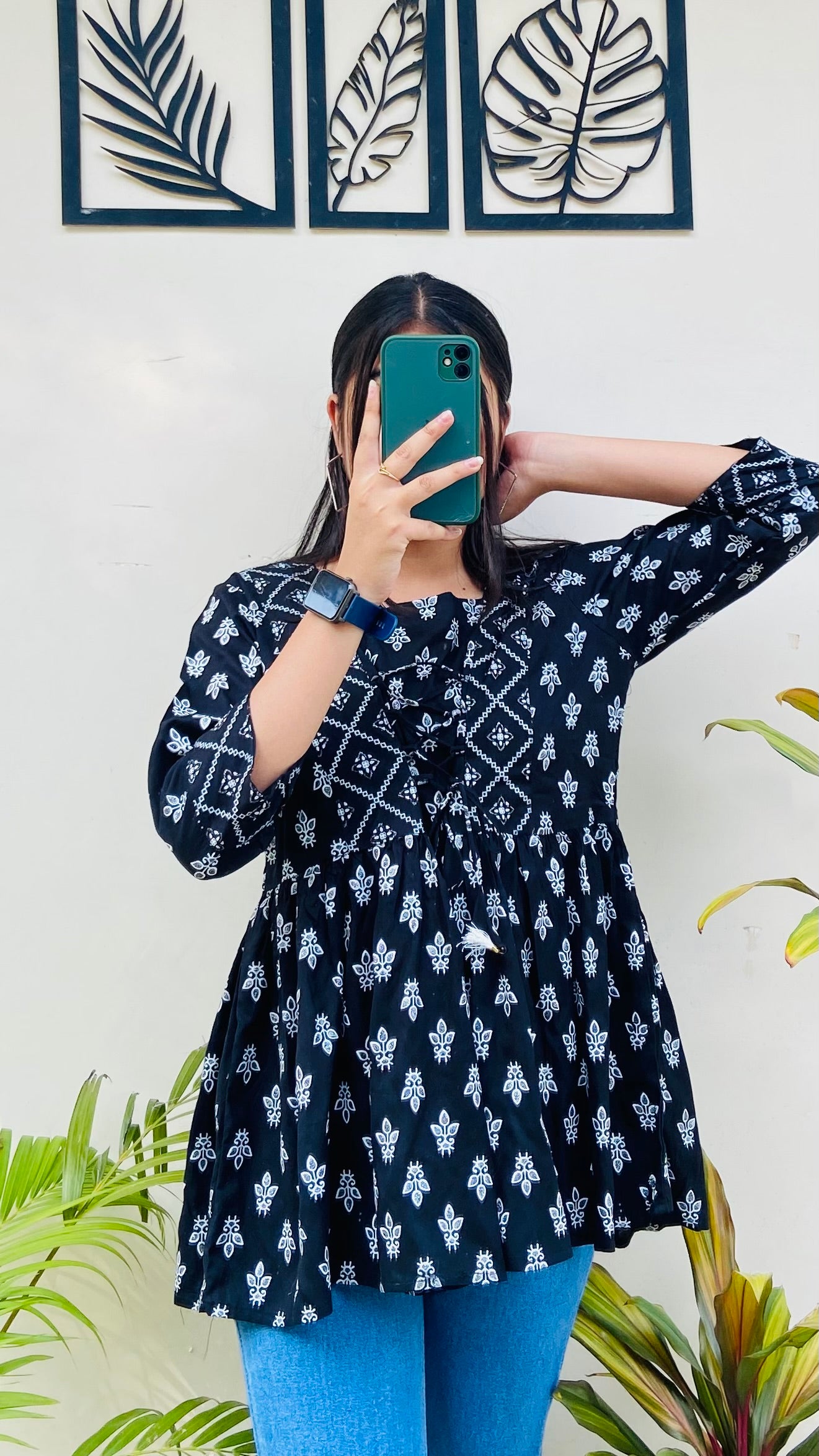 Black Printed Rayon Short Top