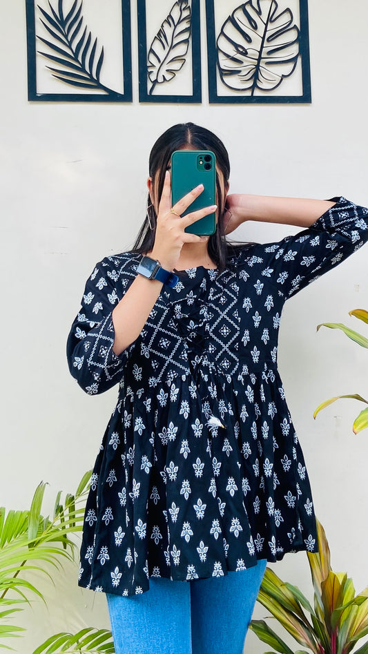 Black Printed Rayon Short Top