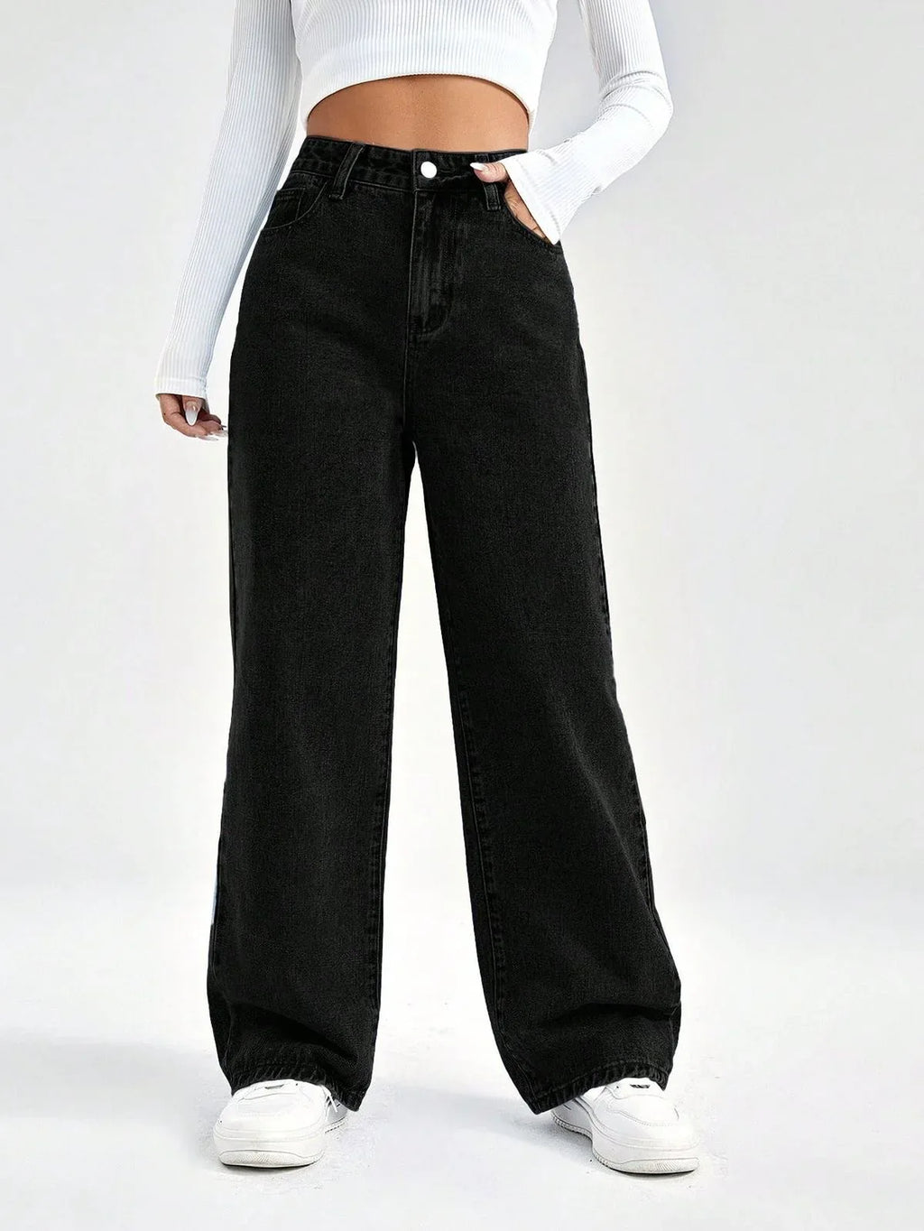 High Waisted Black Wide Leg Denim Jeans - Dolled Up
