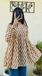 Katha Cotton Beige Flared Printed Aliacut Peplum Top - Dolled Up