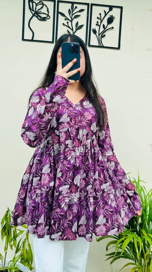 Cotton Wine Flared Floral Print Aliacut Peplum Top - Dolled Up