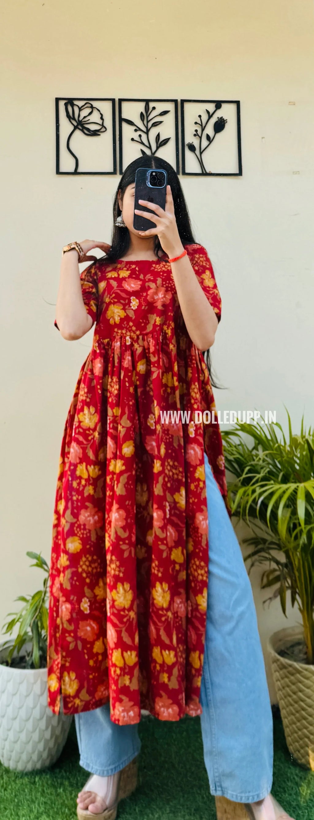 Cotton Printed Red Nyra Cut Long Kurti - Dolled Up
