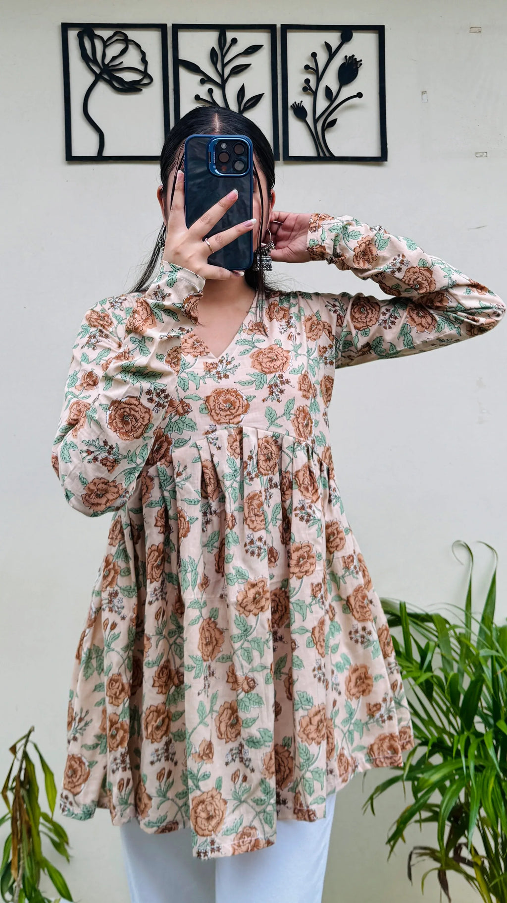 Cotton Flared Beige Aliacut Floral Print Peplum Top - Dolled Up