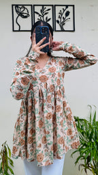 Cotton Flared Beige Aliacut Floral Print Peplum Top - Dolled Up