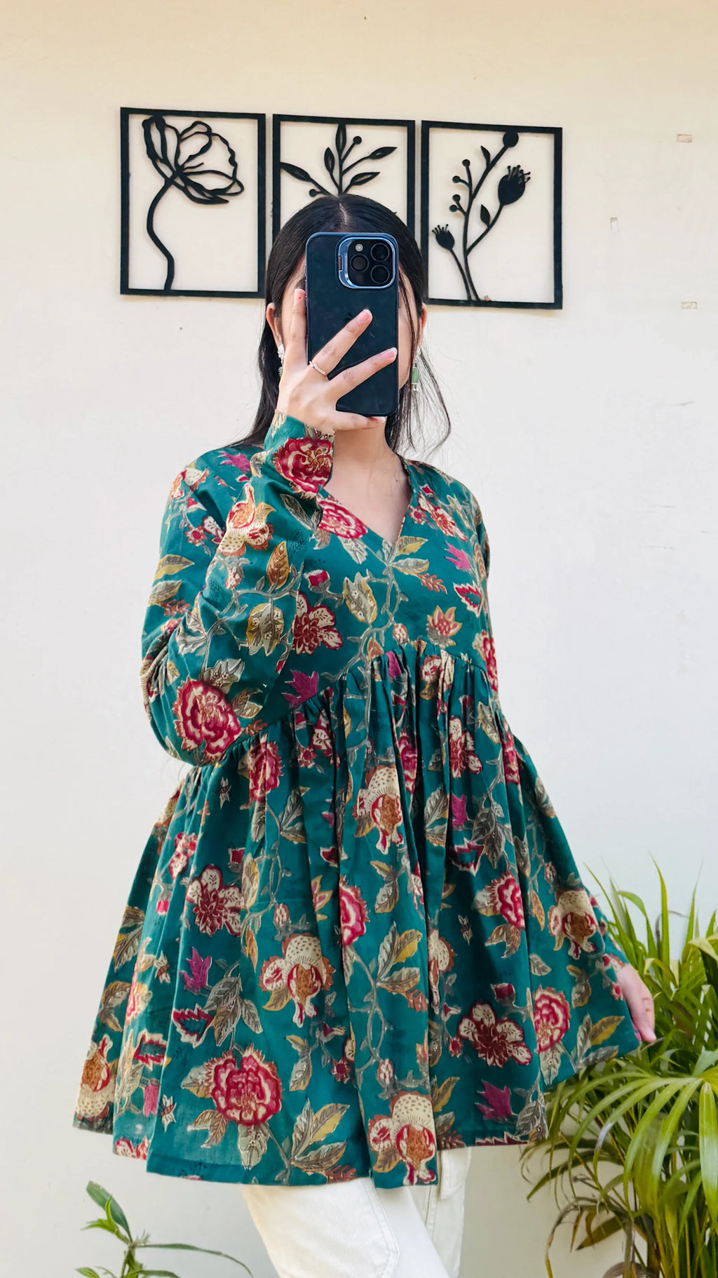 Cotton Flared Bottle Green Aliacut Floral Print Peplum Top - Dolled Up