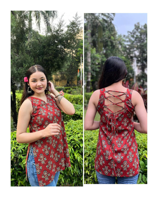 Cotton Sleeveless Backless Short Kurti