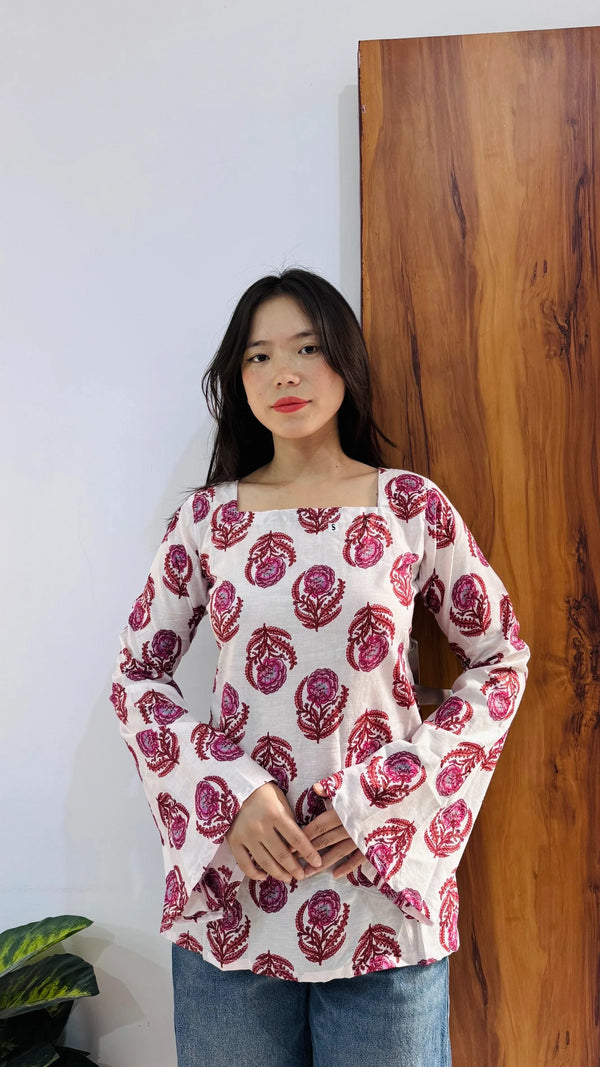 Cotton Bell Sleeves Back Crisscross design Short Kurti - Dolled Up