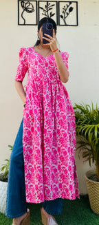Cotton Katha Pink Puff Sleeves Nyra Cut Long Kurti - Dolled Up