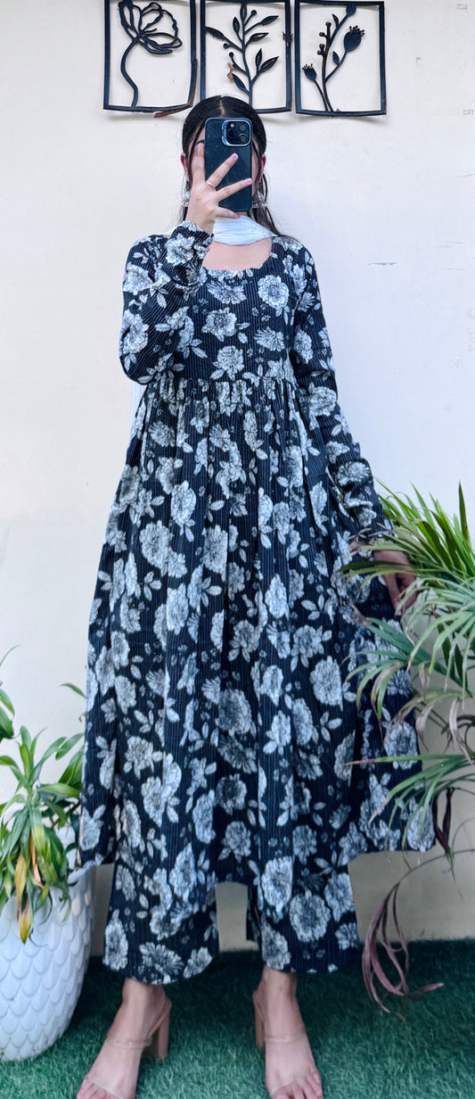 Beautiful Cotton Katha Black Anarkali Suit Set