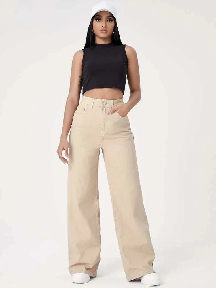 High Waisted Beige Wide Leg Denim Jeans - Dolled Up