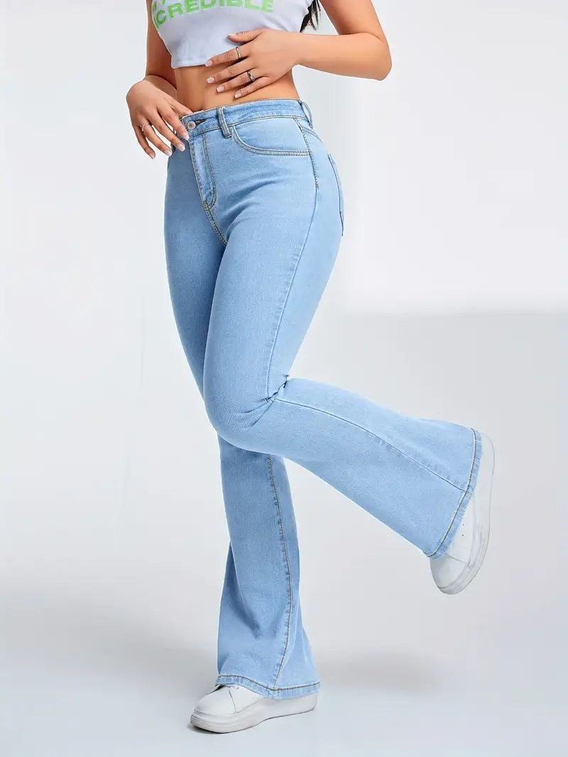 High Waisted Ice Blue Bootcut Flared Jeans