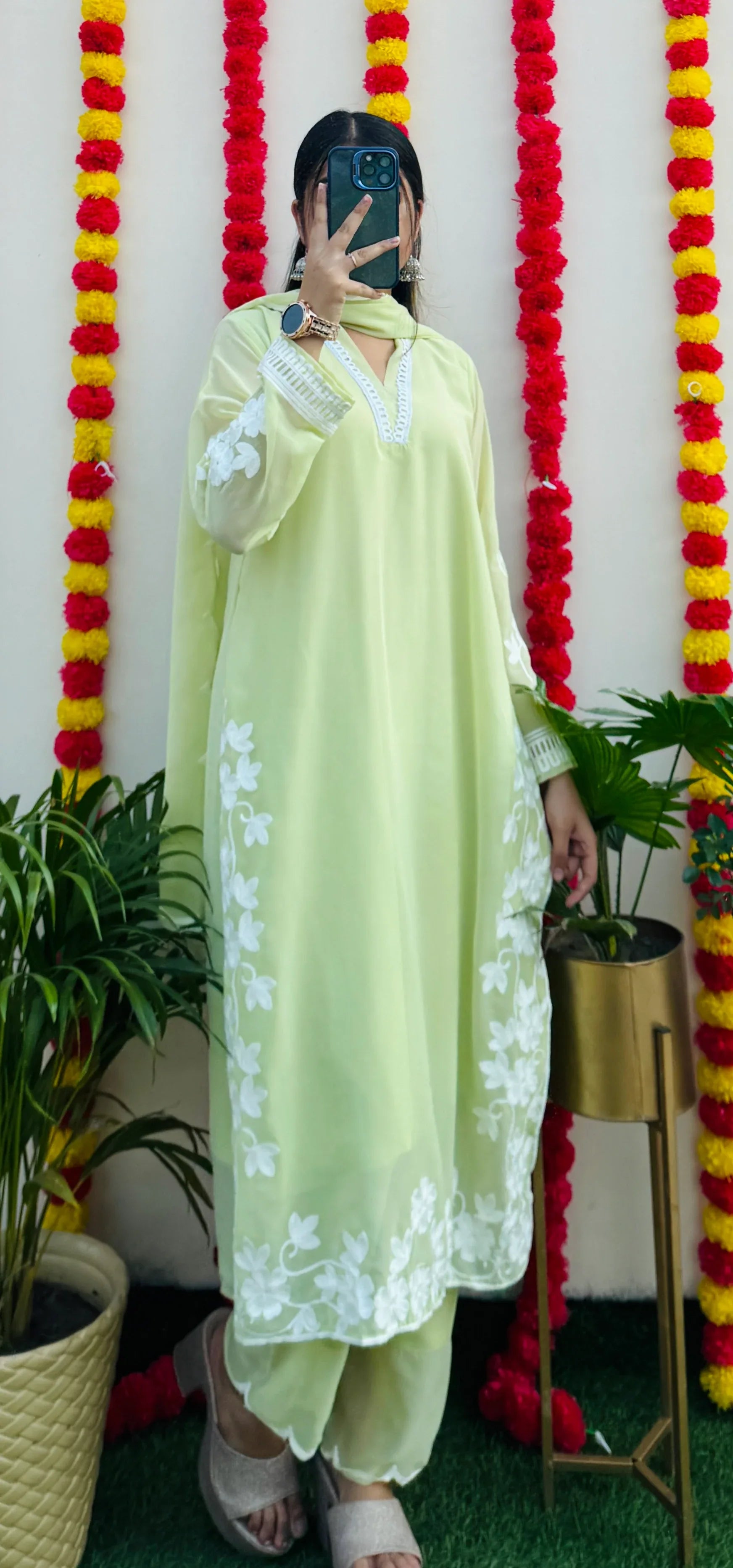 Beautiful Georgette Chikankari Hand Work Embroidery Kurta Pant with Dupatta - Dolled Up