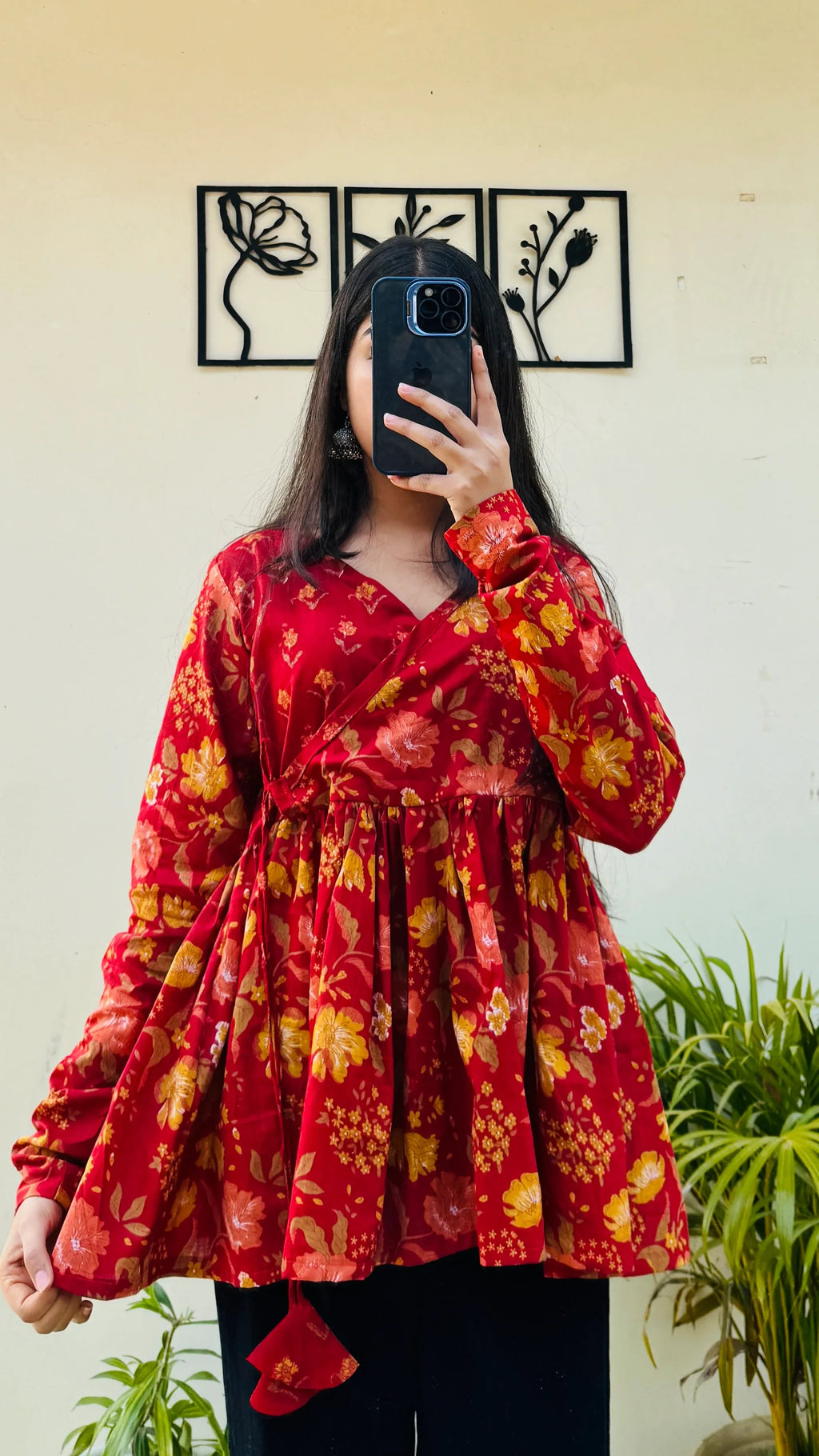 Cotton Red Angrakha Pattern Flared Floral Print Aliacut Peplum Top - Dolled Up