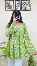 Cotton Green Flared Aliacut Floral Print Peplum Top - Dolled Up