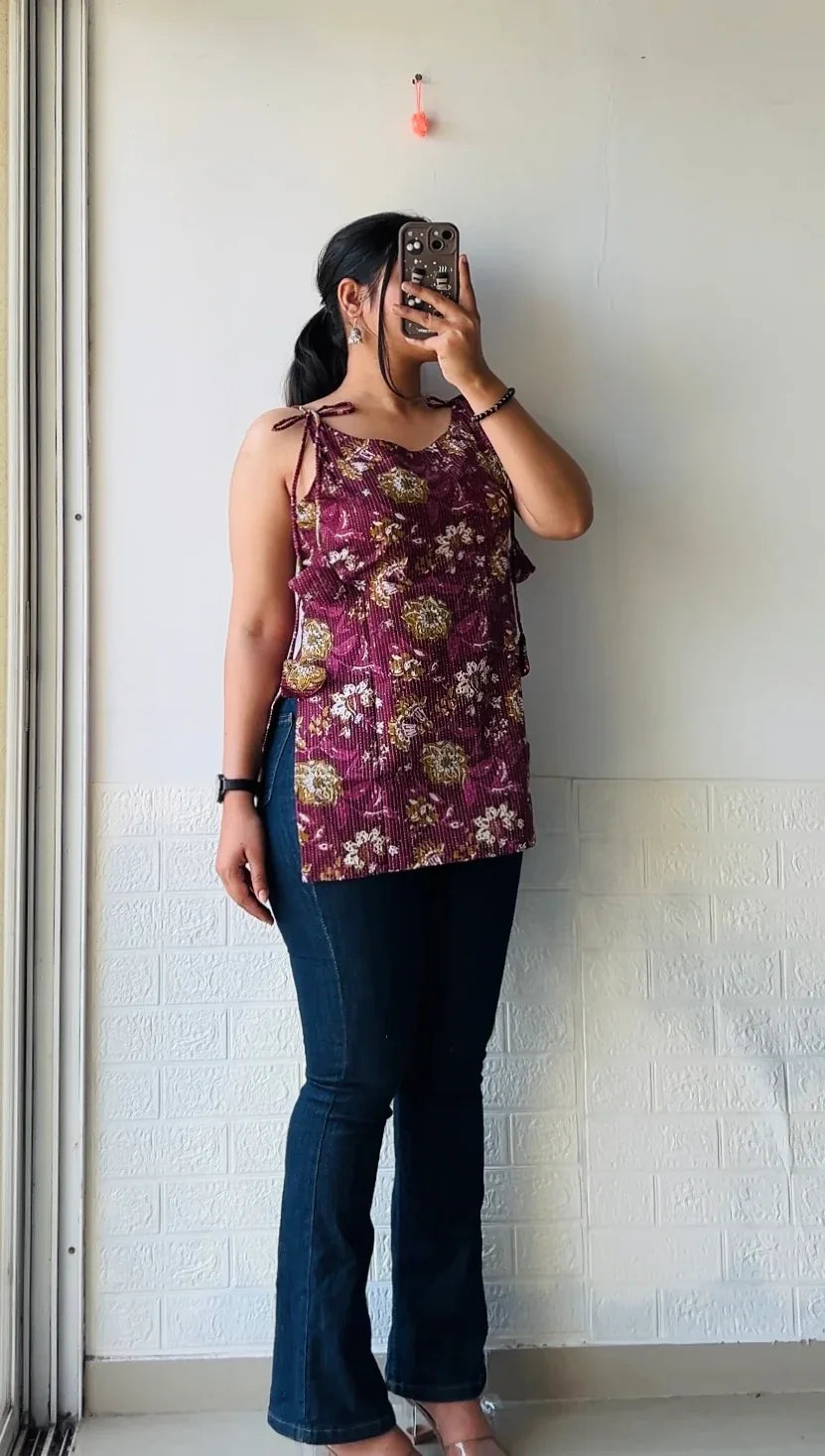 Cotton Katha Wine Floral Print Tie Knot Short Kurti - Dolled Up