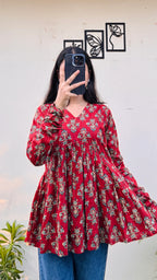 Cotton Flared Printed Aliacut Peplum Top - Dolled Up