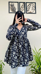 Cotton Flared Black Floral Print Aliacut Peplum Top - Dolled Up