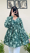 Cotton Flared Olive Green Printed Aliacut Peplum Top - Dolled Up