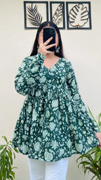 Cotton Flared Olive Green Printed Aliacut Peplum Top - Dolled Up