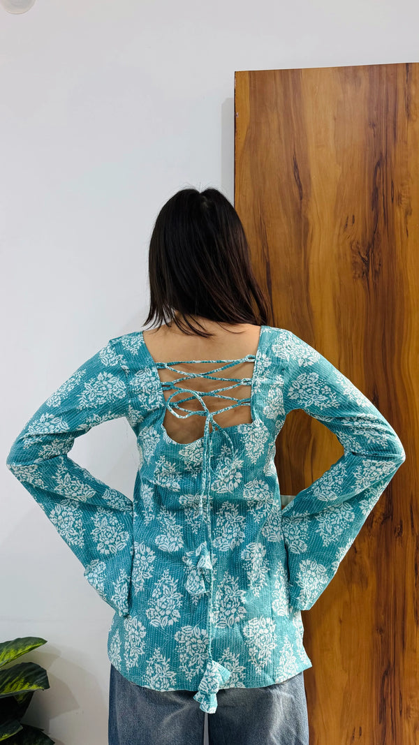 Cotton Katha Blue Bell Sleeves Back Crisscross design Short Kurti - Dolled Up