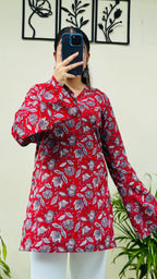 Cotton Bell Sleeve Floral Print Straight Short Kurti - Dolled Up