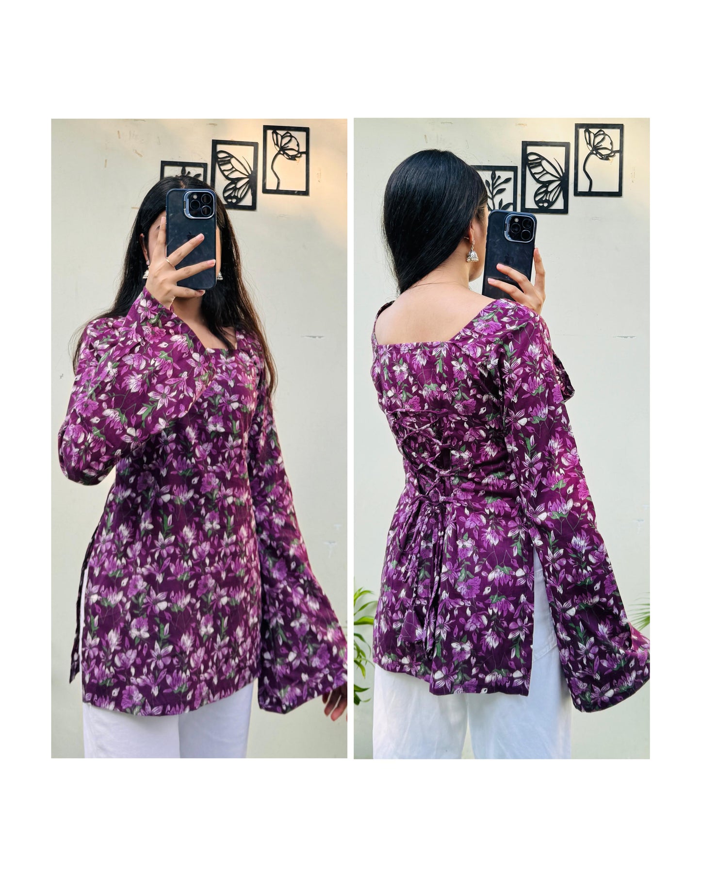 Cotton Wine Square Neck Corset Back Short Kurti