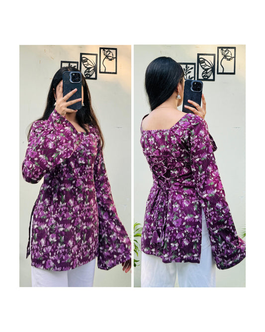 Cotton Wine Square Neck Corset Back Short Kurti