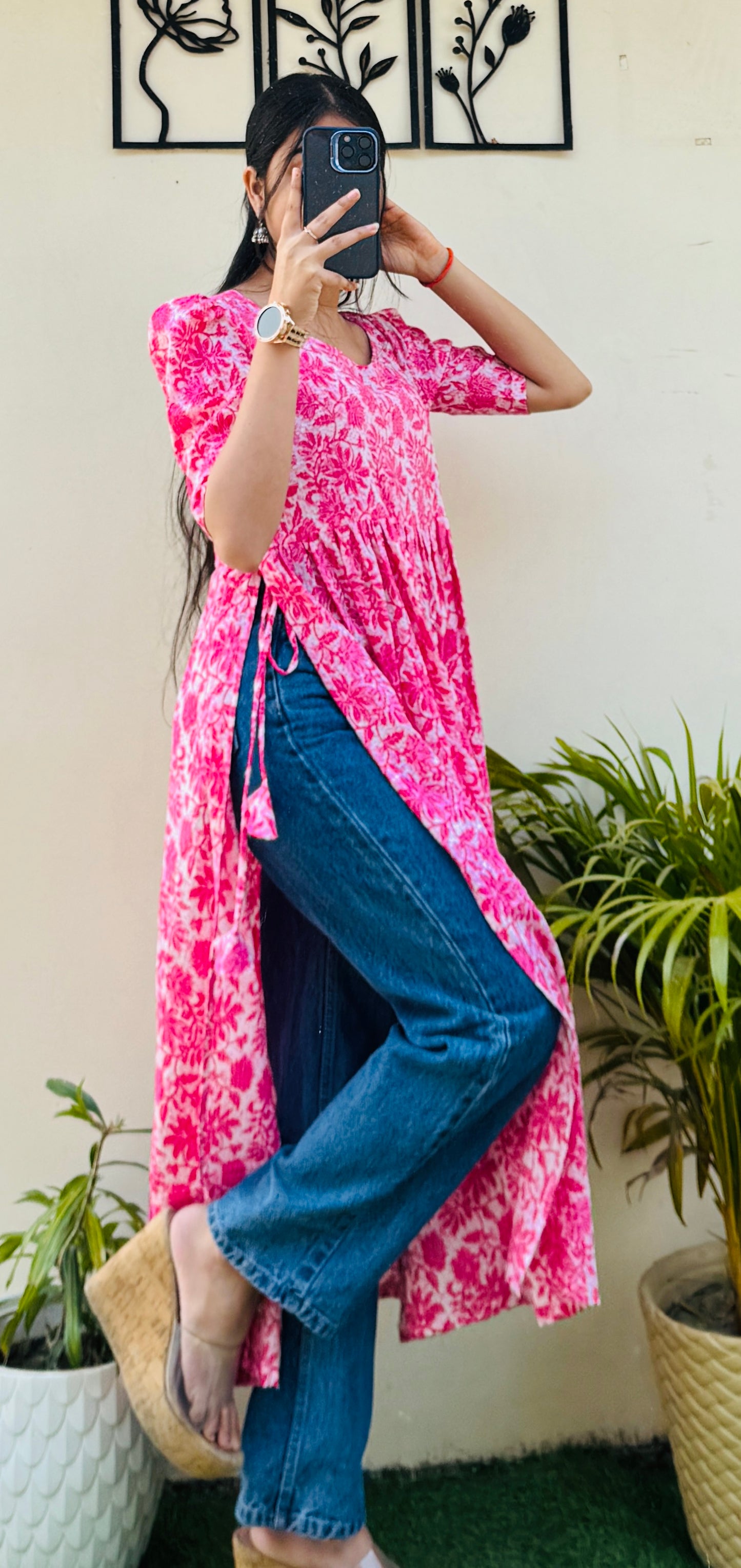 Cotton Katha Pink Puff Sleeves Nyra Cut Long Kurti