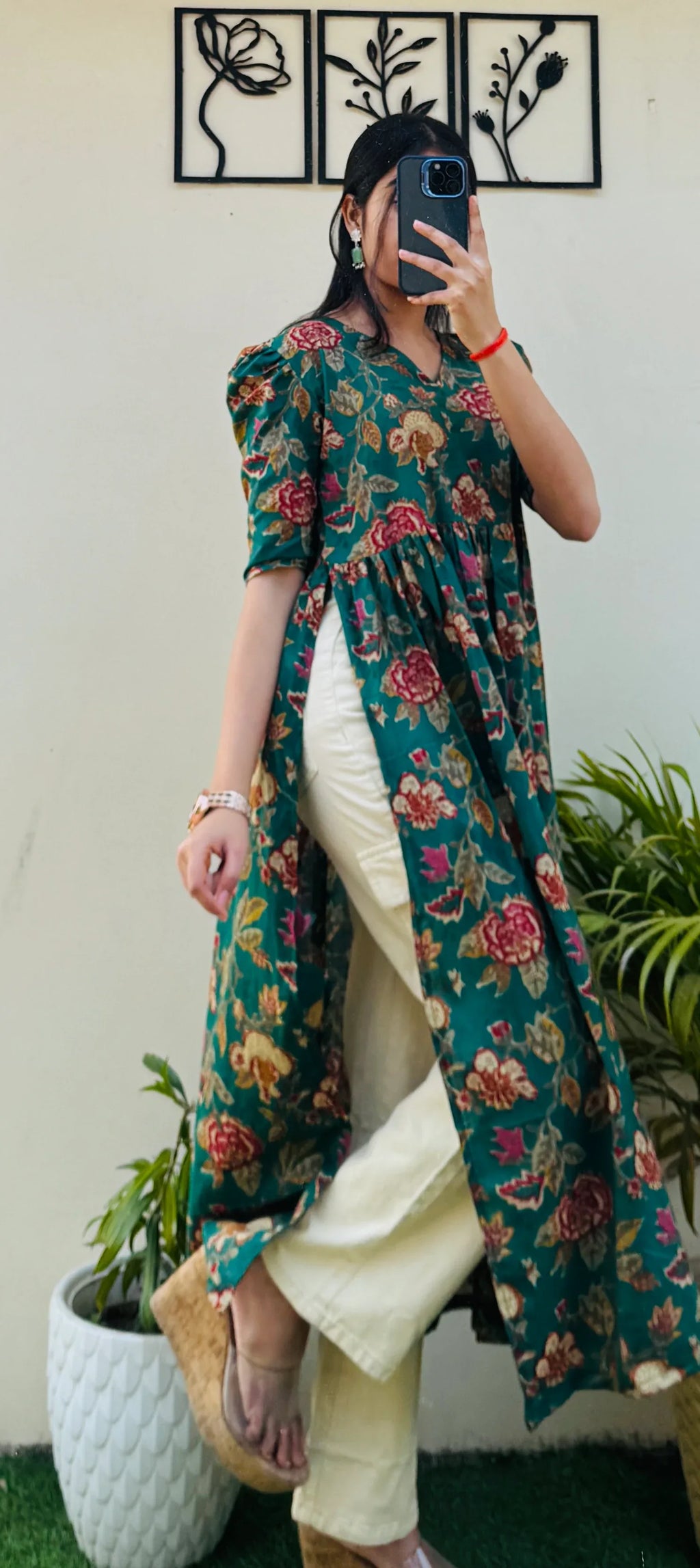 Cotton Printed Green Puff Sleeves Nyra Cut Long Kurti - Dolled Up